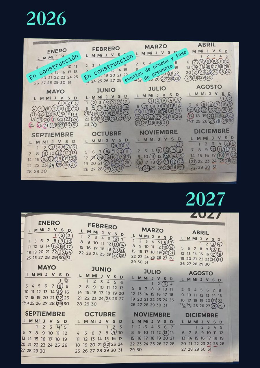 Calendarios 2026 y 2027 de El Balero con los días reservados marcados: desde la apertura en abril de 2026 casi todos los días tienen evento, y ya hay fechas apartadas en 2027
